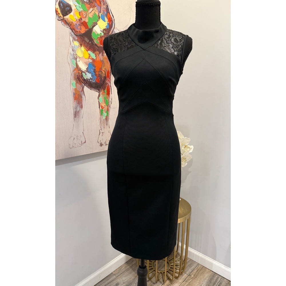 Karen Millen Black Lace Insert Ottoman Knit Sheath Pencil Dress US 4 / UK 8 NWT
